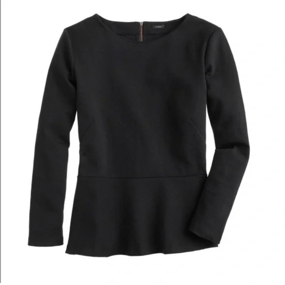 J. Crew Black Ponte Knit Peplum Long Sleeve Top Exposed Zipper Stretch Blouse - Picture 1 of 10
